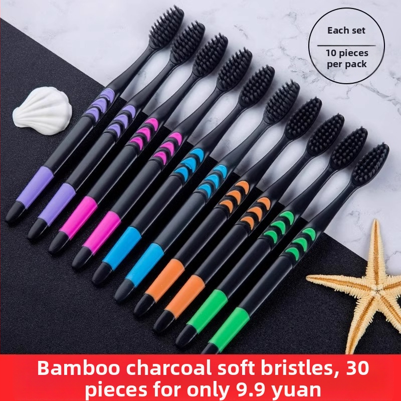 Dantų šepetėlis iš bambuko anglies suaugusiems, itin plonos minkštos šerelės, atskirai įpakuotas, 30 vnt