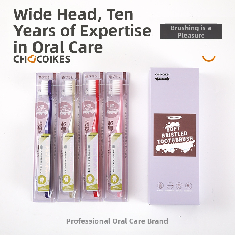 Chocoikes dantų šepetėlis, japoniško plataus galvos, minkšti šereliai, individualiai supakuotas, 4 vienetai dėžutėje