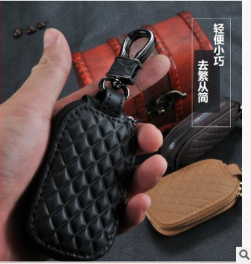 Calway Rhombus Automobilio raktų dėklas – Natūralios odos, Rombo raštas, Užtrauktukas, Širdies formos, Mikropluošto pamušalas