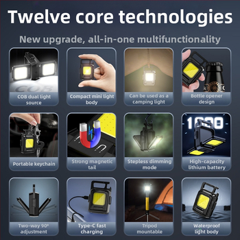 Πολυλειτουργικό φορητό COB μίνι φως-κλειδί με φόρτιση Type-C, σώμα από αλουμίνιο-πλαστικό, μπαταρία πολυμερούς, COB λαμπτήρας, κατάλληλο για κάμπινγκ και εξωτερική χρήση
