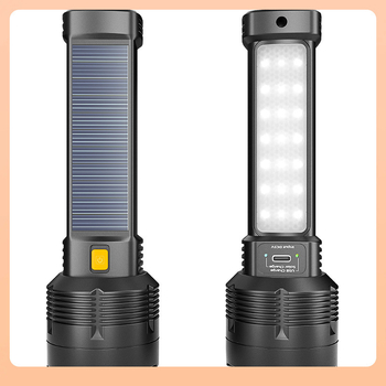 Φακός LED με ηλιακή φόρτιση, επαναφορτιζόμενος για εξωτερική χρήση, φορητός και υπέρλαμπρο έκτακτης ανάγκης; 5W, 1200mAh, ηλιακή φόρτιση και λειτουργία power bank, εμβέλεια 200–500m