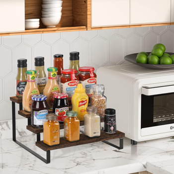 Ξύλινο ράφι προβολής για τον πάγκο της κουζίνας, τεσσάρων επιπέδων ράφι για μπαχαρικά και αποθήκευση, μοντέρνο στυλ απλότητας