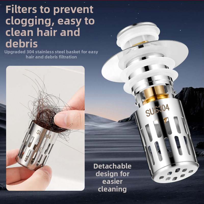 Дренажен запор за мивка с US стандарт, медна сърцевина, филтър от 304 неръждаема стомана, ABS медно покритие — модел E1