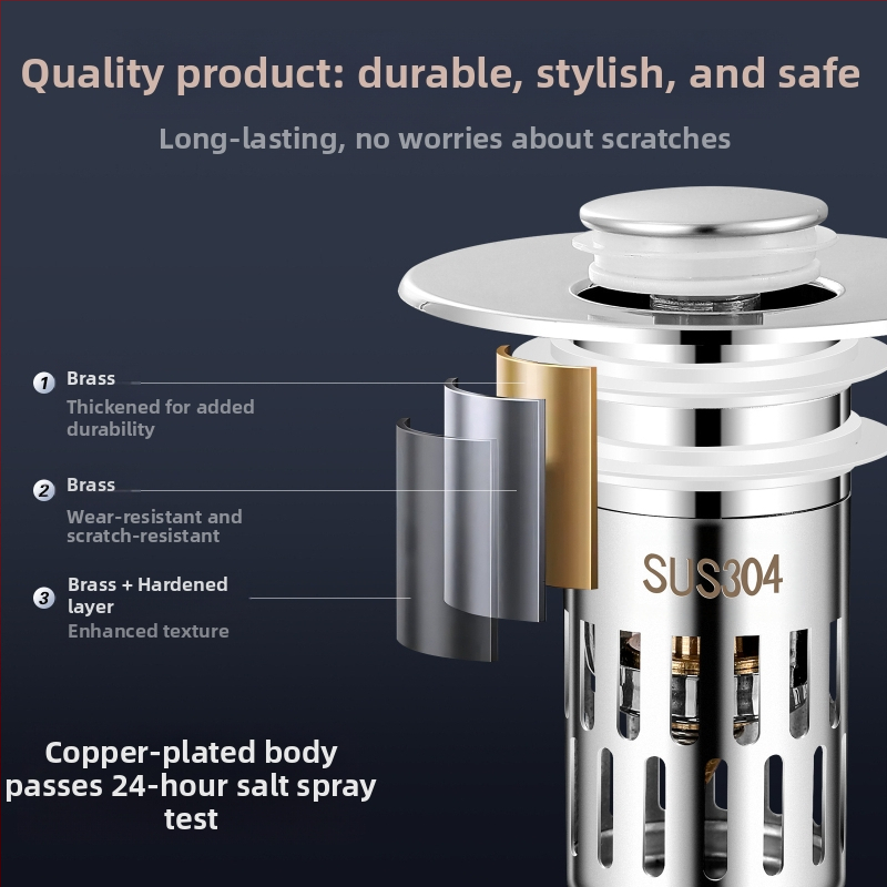 Дренажен запор за мивка с US стандарт, медна сърцевина, филтър от 304 неръждаема стомана, ABS медно покритие — модел E1