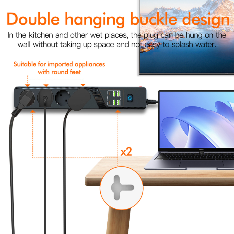 Europos 4 lizdų USB lizdas su vokiečių standartu, apsauga nuo perkrovos, Type-C aukštos galios prailgintuvas — 10A, 100-250V, liepsną atsparus PC korpusas, variniai laidininkai, 3000W