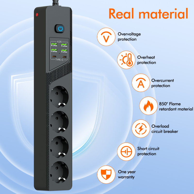 Europos 4 lizdų USB lizdas su vokiečių standartu, apsauga nuo perkrovos, Type-C aukštos galios prailgintuvas — 10A, 100-250V, liepsną atsparus PC korpusas, variniai laidininkai, 3000W