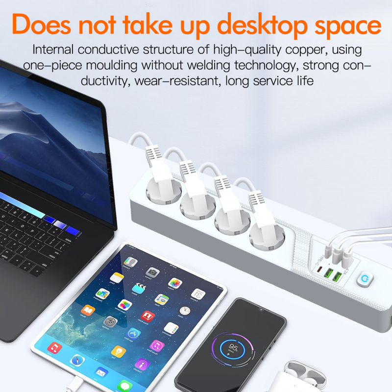 Europos 4 lizdų USB lizdas su vokiečių standartu, apsauga nuo perkrovos, Type-C aukštos galios prailgintuvas — 10A, 100-250V, liepsną atsparus PC korpusas, variniai laidininkai, 3000W