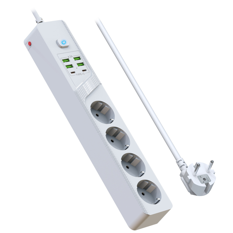 Europos 4 lizdų USB lizdas su vokiečių standartu, apsauga nuo perkrovos, Type-C aukštos galios prailgintuvas — 10A, 100-250V, liepsną atsparus PC korpusas, variniai laidininkai, 3000W