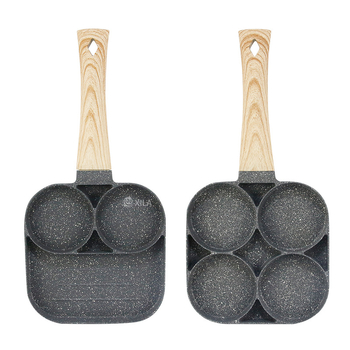 Aliuminio keturių skylių omletės keptuvė su Maifan akmens nelipniu danga, modelis XL-010, svoris 0,5 kg