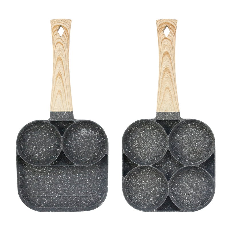 Aliuminio keturių skylių omletės keptuvė su Maifan akmens nelipniu danga, modelis XL-010, svoris 0,5 kg