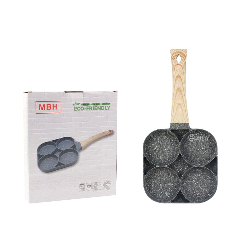 Aliuminio keturių skylių omletės keptuvė su Maifan akmens nelipniu danga, modelis XL-010, svoris 0,5 kg