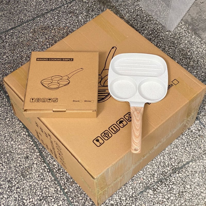 Aliuminio keturių skylių omletės keptuvė su Maifan akmens nelipniu danga, modelis XL-010, svoris 0,5 kg