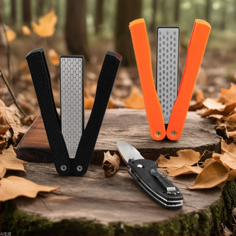 DMD peilių ašmenų šlifuoklis ventiliatoriaus formos, dvipusis, sulankstomas, nešiojamas lauko naudojimui, emery abrazyvas, grit 400/600