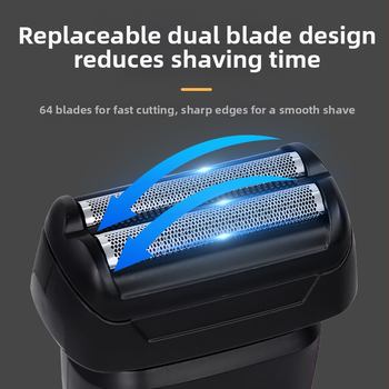 Elektriskais skuveklis ar kustīgu divu asmeņu galvu; pilnīgi mazgājams; LED displejs; USB uzlāde; 1 stunda darbības laiks.