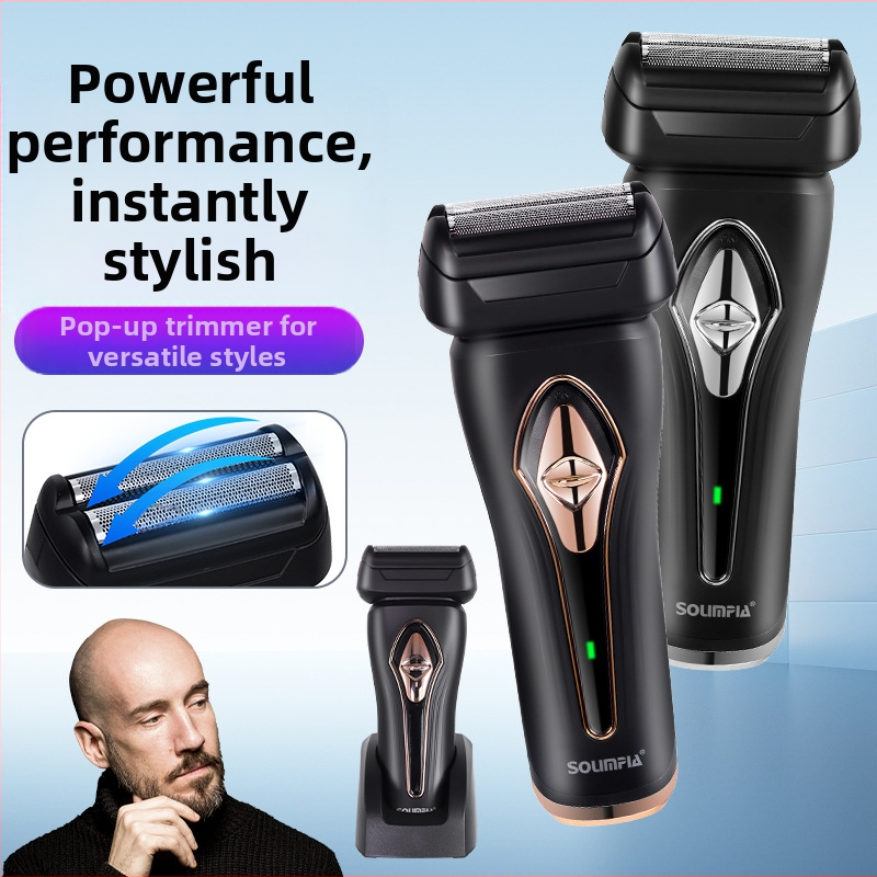  Elektriskais skuveklis ar kustīgu divu asmeņu galvu; pilnīgi mazgājams; LED displejs; USB uzlāde; 1 stunda darbības laiks.