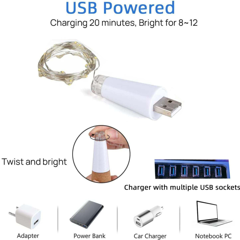 LED φώτα από φελλούς κρασιού σε σειρά - τροφοδοσία USB, μοντέλο USB-WBL001, πλαστική βάση λαμπτήρα, ≤36V, DIY, νυχτερινό φως, φωτισμός περιβάλλοντος