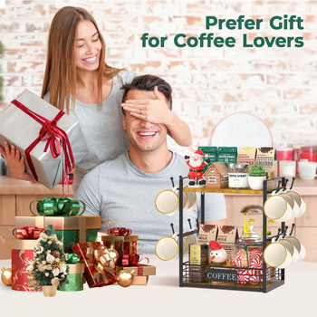 Morning dejia Διπλοεπίπεδο ράφι για κούπες καφέ από σίδηρο και ξύλο, για επιτραπέζιο ή επιτοίχιο, με γάντζους