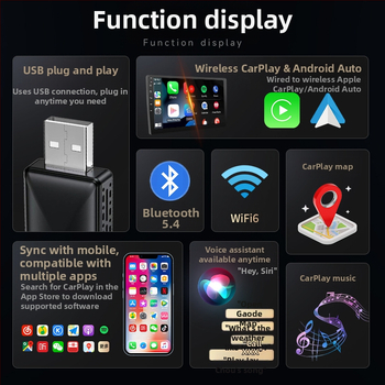 Belaidės CarPlay adapteris su belaidžiu Android Auto navigacijai automobiliuose (Svoris: 70 g; Medžiaga: Plastikas; Modelio numeris: AB019; Prekės ženklas: Thunder code; Suderinamas su 98% automobilių modelių)