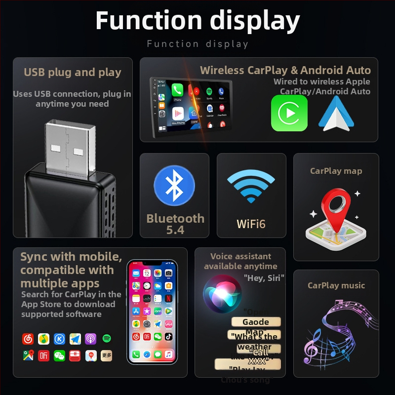 Безжичен CarPlay адаптер с безжичен Android Auto за автомобилна навигация (Тегло: 70 g; Материал: Пластмаса; Модел: AB019; Марка: Thunder code; Съвместим с 98% от автомобилните модели)