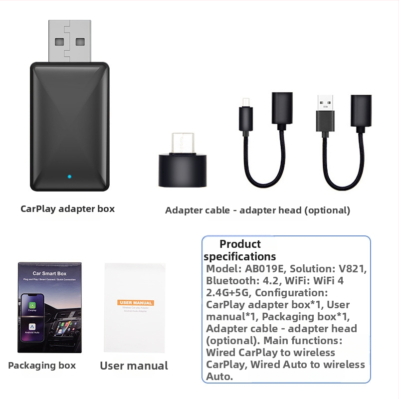 Belaidės CarPlay adapteris su belaidžiu Android Auto navigacijai automobiliuose (Svoris: 70 g; Medžiaga: Plastikas; Modelio numeris: AB019; Prekės ženklas: Thunder code; Suderinamas su 98% automobilių modelių)