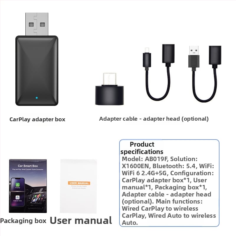 Belaidės CarPlay adapteris su belaidžiu Android Auto navigacijai automobiliuose (Svoris: 70 g; Medžiaga: Plastikas; Modelio numeris: AB019; Prekės ženklas: Thunder code; Suderinamas su 98% automobilių modelių)