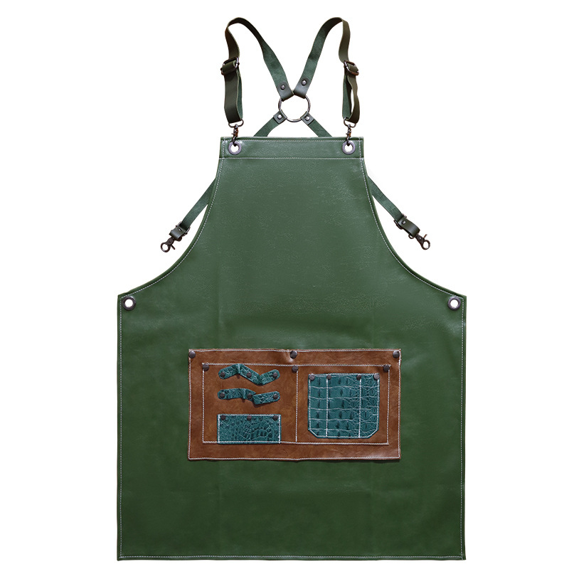 Uniszex ujj nélküli PU bőr kötény, vízálló, levehető nagy zsebbel