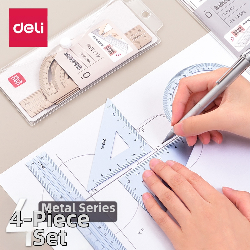 Deli 79532 метален комплект линеали и транспортир за ученици, от алуминиева сплав
