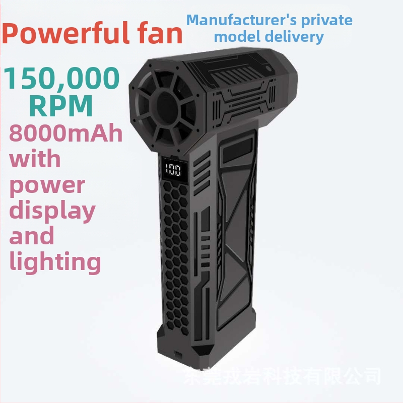 Nešiojamas rankinis ventiliatorius su bešepiniu varikliu, įmontuota baterija 800–1000 mAh, 7.4V, 4 greičiai, veikimo laikas 1–3 valandos