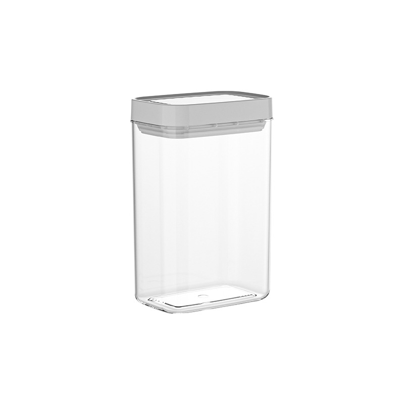 Plastikinis virtuvės laikymo indas grūdams ir sausiems produktams, skaidrus, kvadratinė forma, talpa 800–1000 ml, modernus minimalistinis dizainas