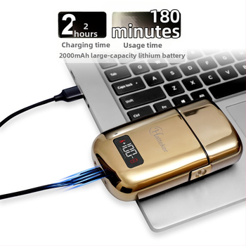 Vīriešu elektriskais skuveklis ar LCD displeju, plūstošā galva, divu asu galva, iebūvēta 500–800 mAh akumulatora, darbības laiks virs 60 minūtēm.