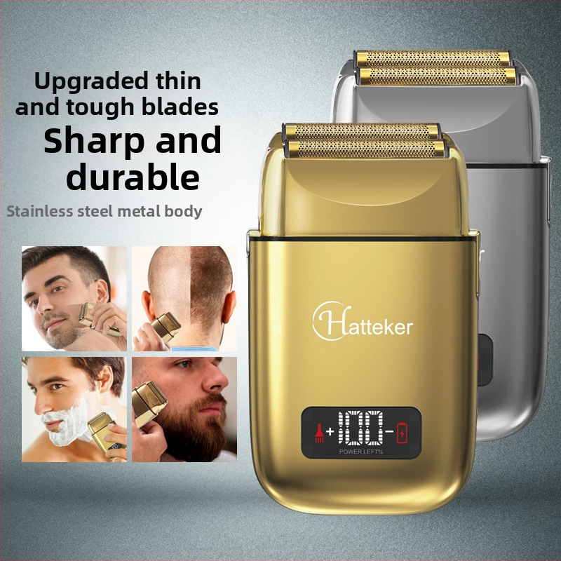 Vīriešu elektriskais skuveklis ar LCD displeju, plūstošā galva, divu asu galva, iebūvēta 500–800 mAh akumulatora, darbības laiks virs 60 minūtēm.