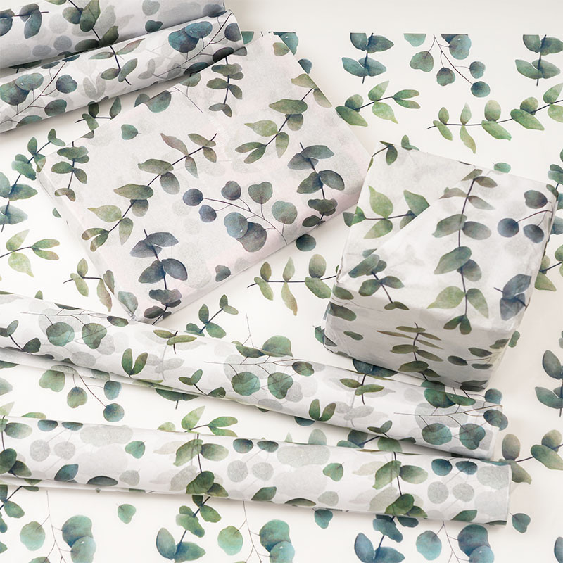 Опаковъчна хартия с персонализирано лого, Paper Iris, дизайн с листа на череша, персонализирана ролка и опаковка