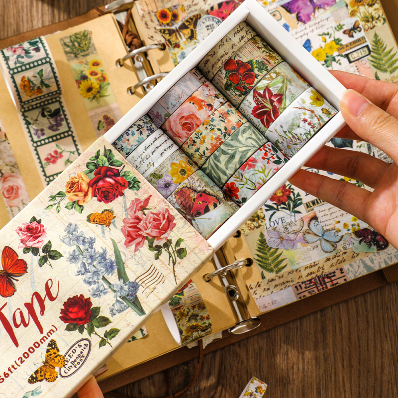 DIY dienasgrāmatas uzlīmju komplekts – retro augi un papīra lentes; Materiāls: Papīrs; Stils: Retro; Drukāšana