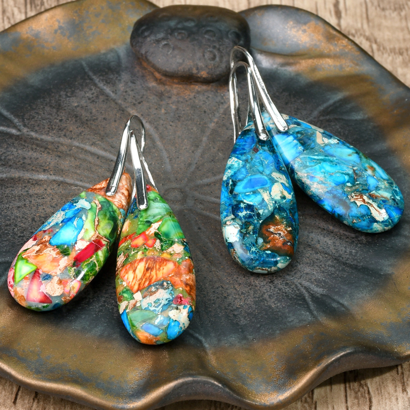 Σκουλαρίκια σταγόνας, μεικτά υλικά, χειροποίητα, vintage μποέμ στυλ με αυτοκρατορικό λίθο, φθινόπωρινή συλλογή 2024