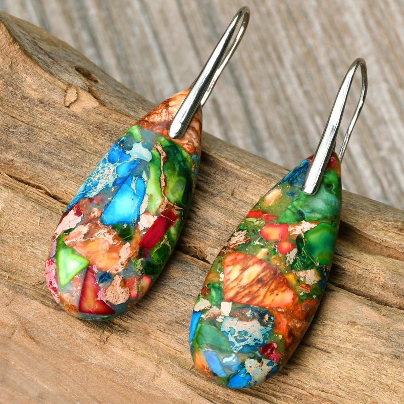 Σκουλαρίκια σταγόνας, μεικτά υλικά, χειροποίητα, vintage μποέμ στυλ με αυτοκρατορικό λίθο, φθινόπωρινή συλλογή 2024