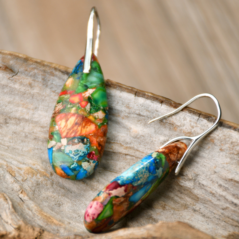 Σκουλαρίκια σταγόνας, μεικτά υλικά, χειροποίητα, vintage μποέμ στυλ με αυτοκρατορικό λίθο, φθινόπωρινή συλλογή 2024