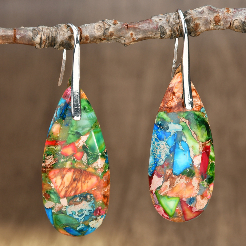 Σκουλαρίκια σταγόνας, μεικτά υλικά, χειροποίητα, vintage μποέμ στυλ με αυτοκρατορικό λίθο, φθινόπωρινή συλλογή 2024