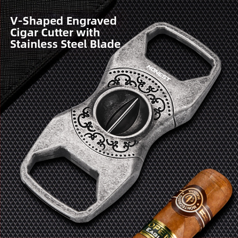 Cigāru šķēres ar V-veida izgravētu dizainu un dubulti asinātu nerūsējošā tērauda asmeni