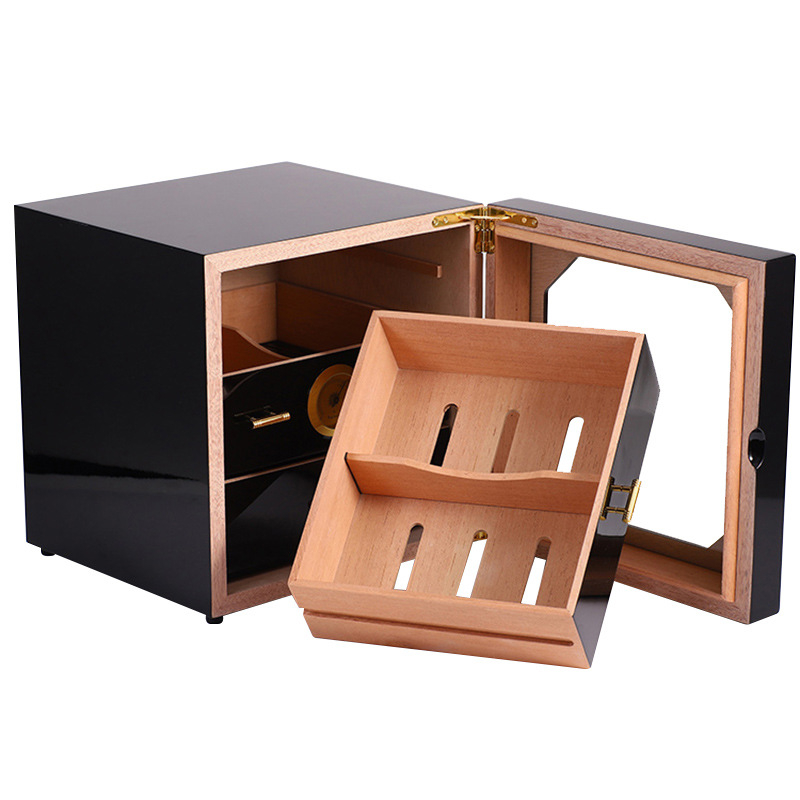 HANNICOOK Humidor za cigare i ormarić od cedre, crni visoki sjaj završne obrade u stilu klavira, moderni minimalistički dizajn