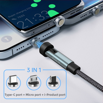 3-1 magnētiskais rotējošais uzlādes kabelis Apple un Huawei, Alumīnija sakausējums, audēts, Micro USB, 18W