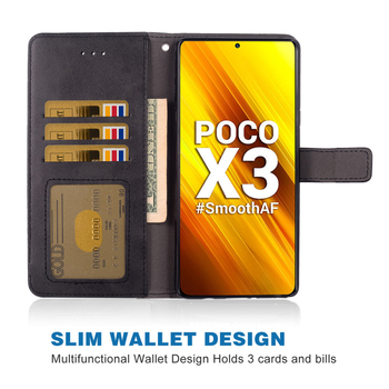 Flip maciņa veida vāciņš Xiaomi POCO X3, TPU + āda, roku darbs, iebūvēts statīvs, kartes nodalījumi
