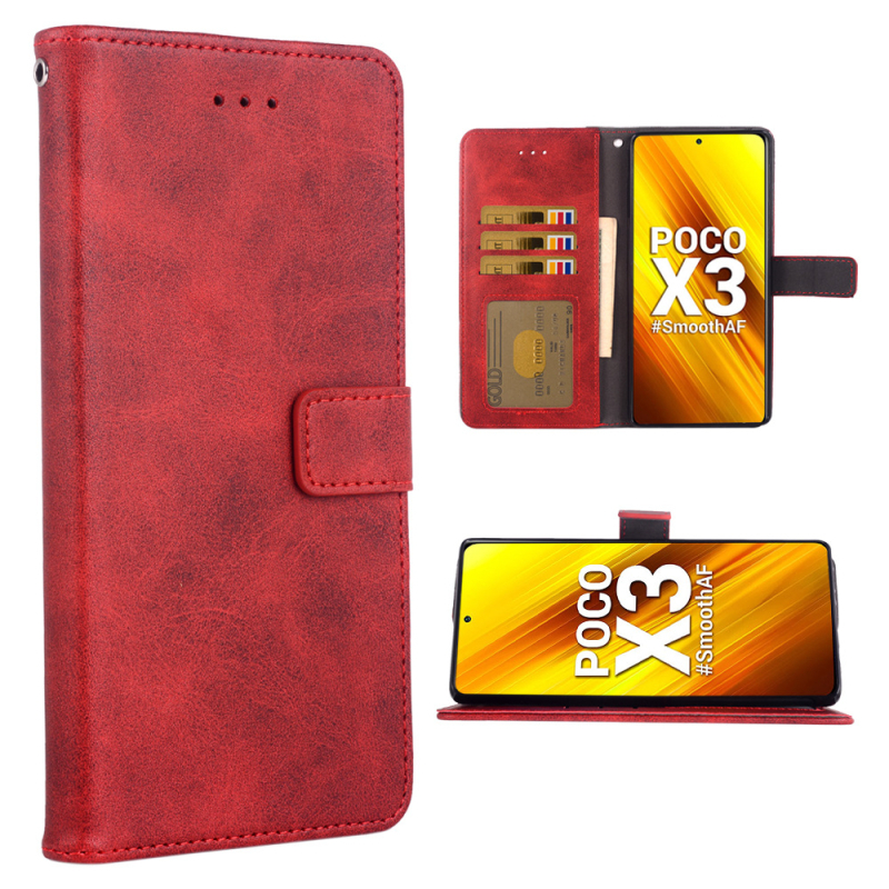 Flip maciņa veida vāciņš Xiaomi POCO X3, TPU + āda, roku darbs, iebūvēts statīvs, kartes nodalījumi