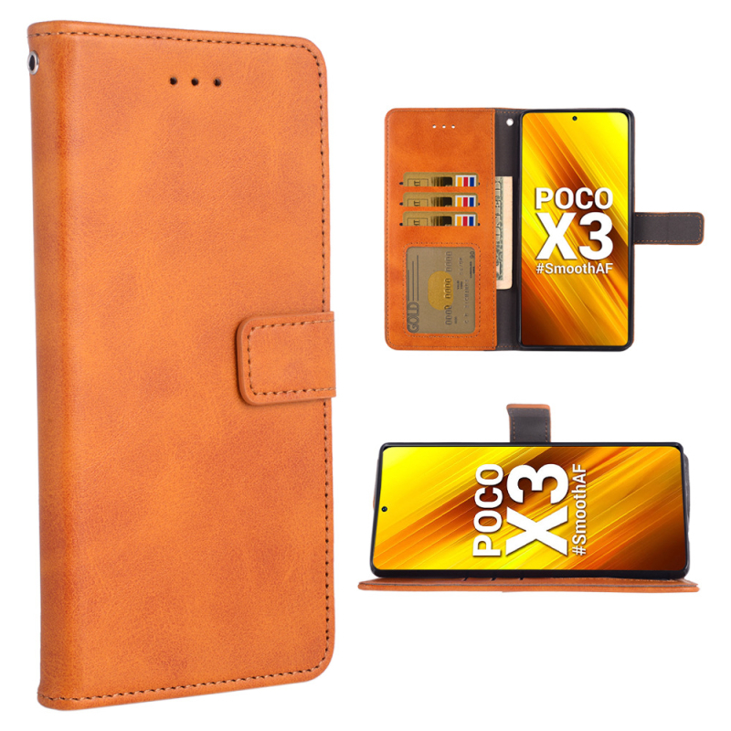 Flip maciņa veida vāciņš Xiaomi POCO X3, TPU + āda, roku darbs, iebūvēts statīvs, kartes nodalījumi