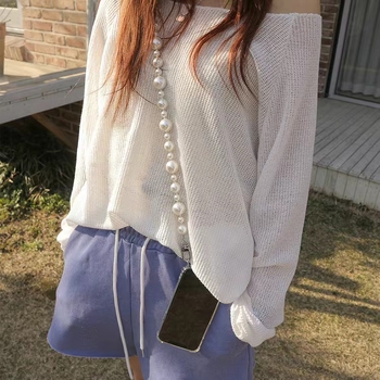 Telefonu kaklasaite ar ģeometriskām imitācijas pērlēm – ABS, roku darbs, radošs stils, dekoratīvs telefona aksesuārs