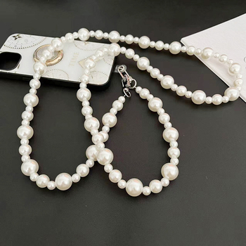 Telefonu kaklasaite ar ģeometriskām imitācijas pērlēm – ABS, roku darbs, radošs stils, dekoratīvs telefona aksesuārs