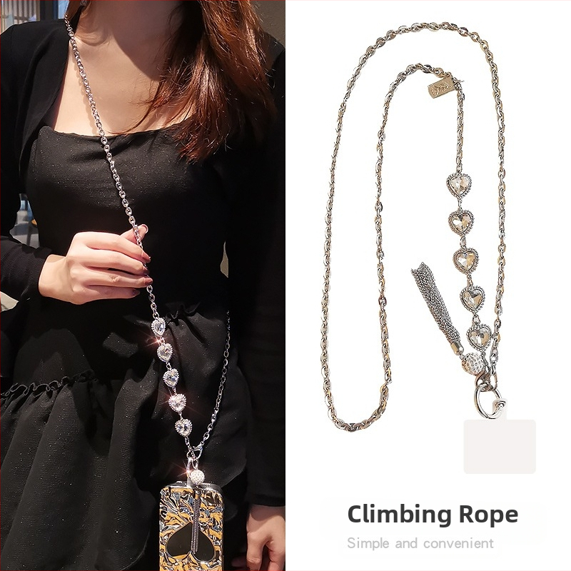 Roku darbs sakausējuma telefona kaklars ar rhinestone spīdumu kulonu un ģeometrisku piekari, universāls, metāla ķēde