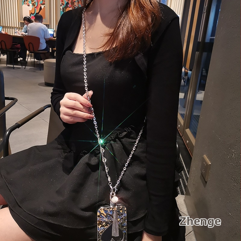 Ръчно изработен метален шнур за телефон с ресни и висулка с кристали, през рамо, геометрична форма, унисекс, метална верига