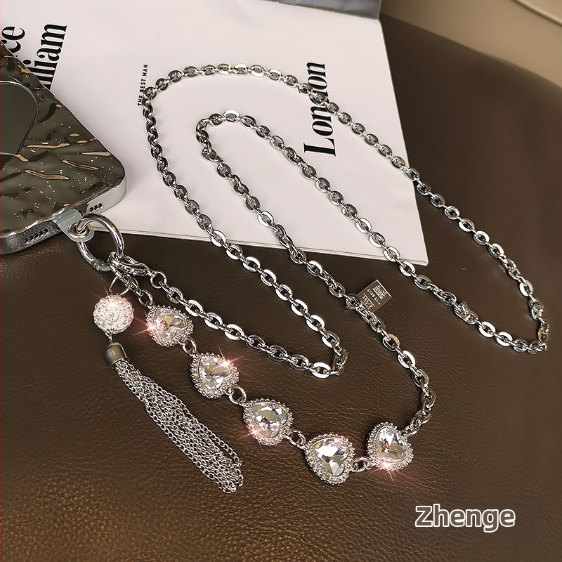 Ръчно изработен метален шнур за телефон с ресни и висулка с кристали, през рамо, геометрична форма, унисекс, метална верига