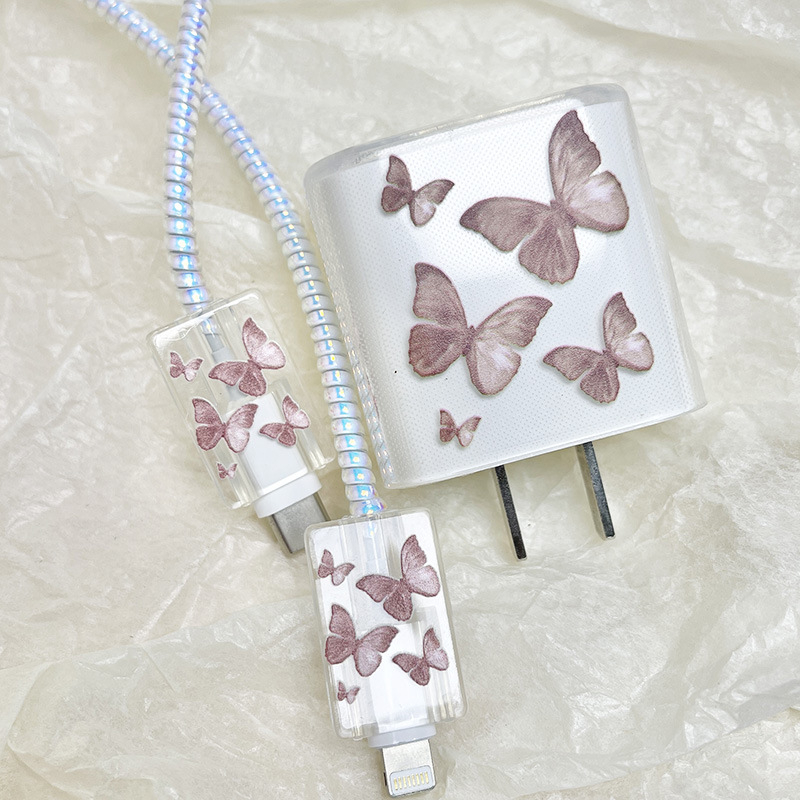 Butterfly TPU комплект защита на кабела за Apple 20W/30W - 4 части, прозрачен квадратен корпус