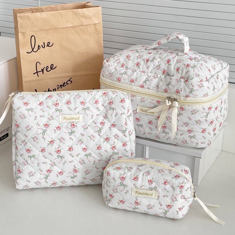 Geantă de cosmetice cu funda, din bumbac quiltat, căptușeală poliester, stil proaspăt și drăguț, pentru femei, portabil pentru călătorii (model: funda; material: bumbac quiltat; căptușeală: poliester; stil: proaspăt și drăguț; sex: femei)
